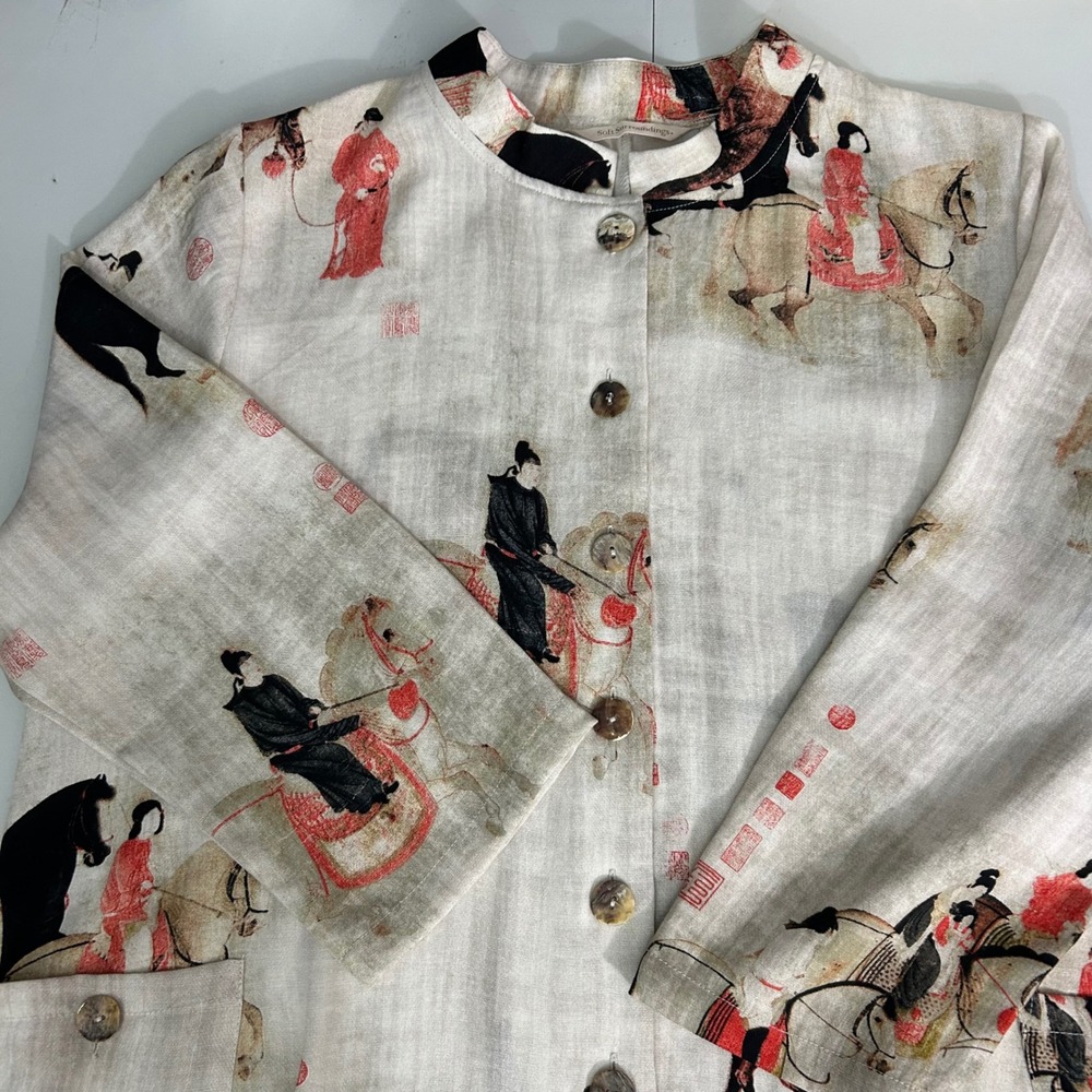 Soft Surroundings Chinoiserie Horse Print Button Front Tunic Blouse Cream Large